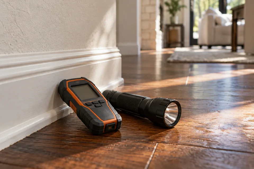 Moisture inspection meter and flashlight beside a baseboard