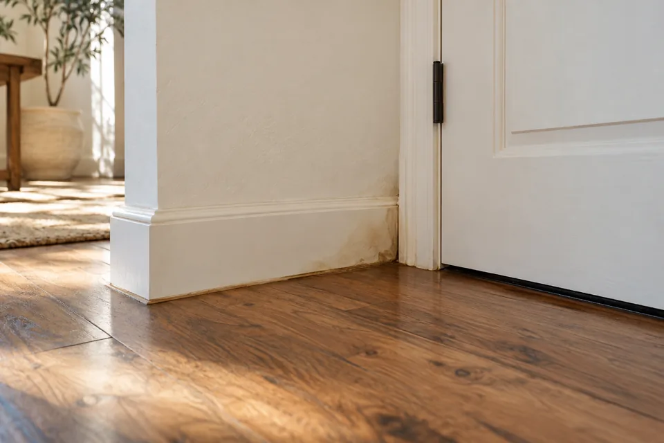 Localized moisture staining at a floor and baseboard